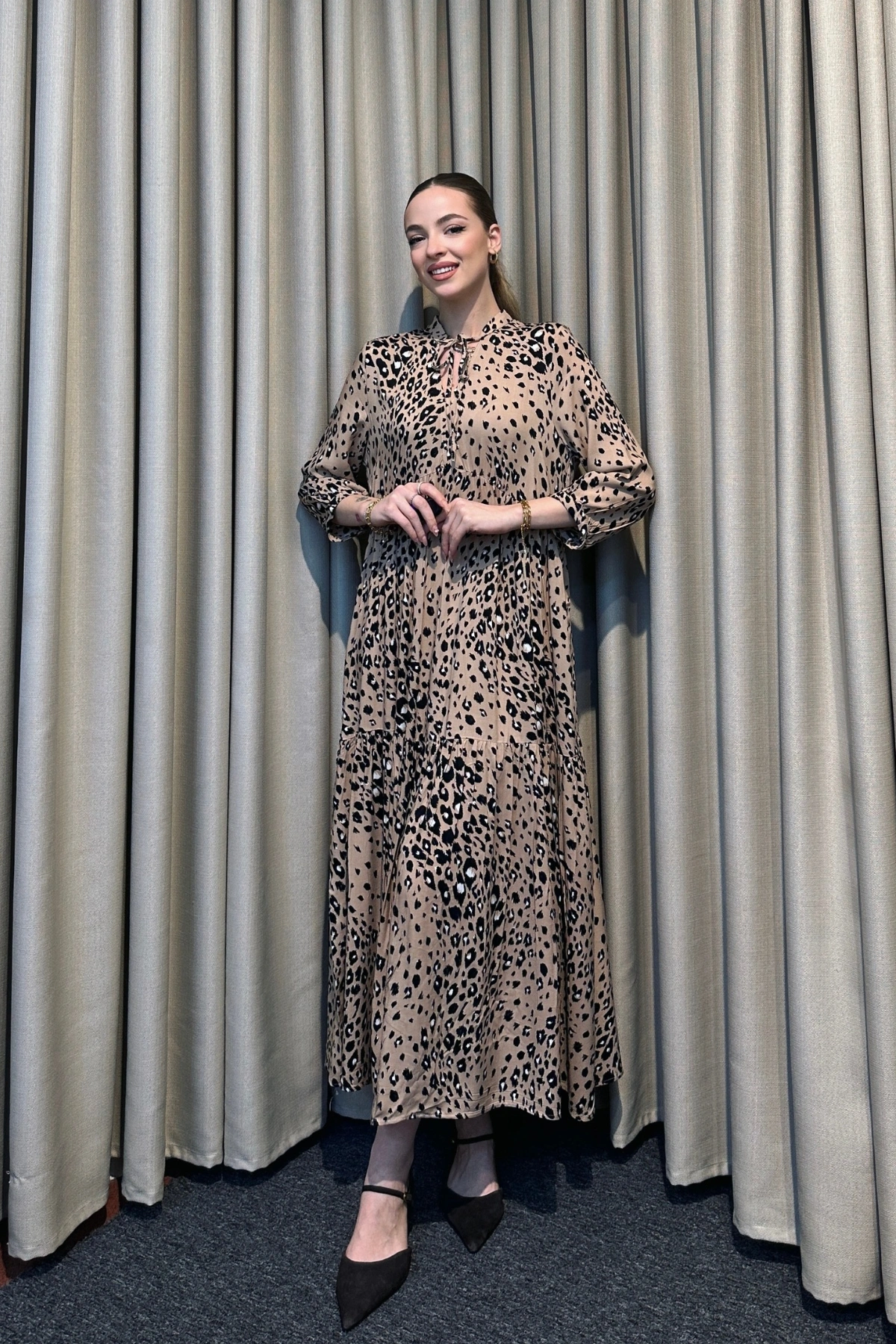 Hakim Yaka Desenli Maxi Elbise