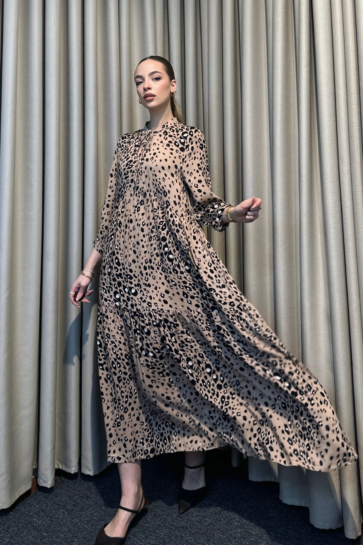 Hakim Yaka Desenli Maxi Elbise