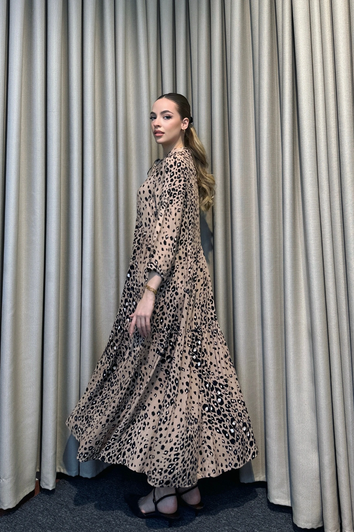 Hakim Yaka Desenli Maxi Elbise