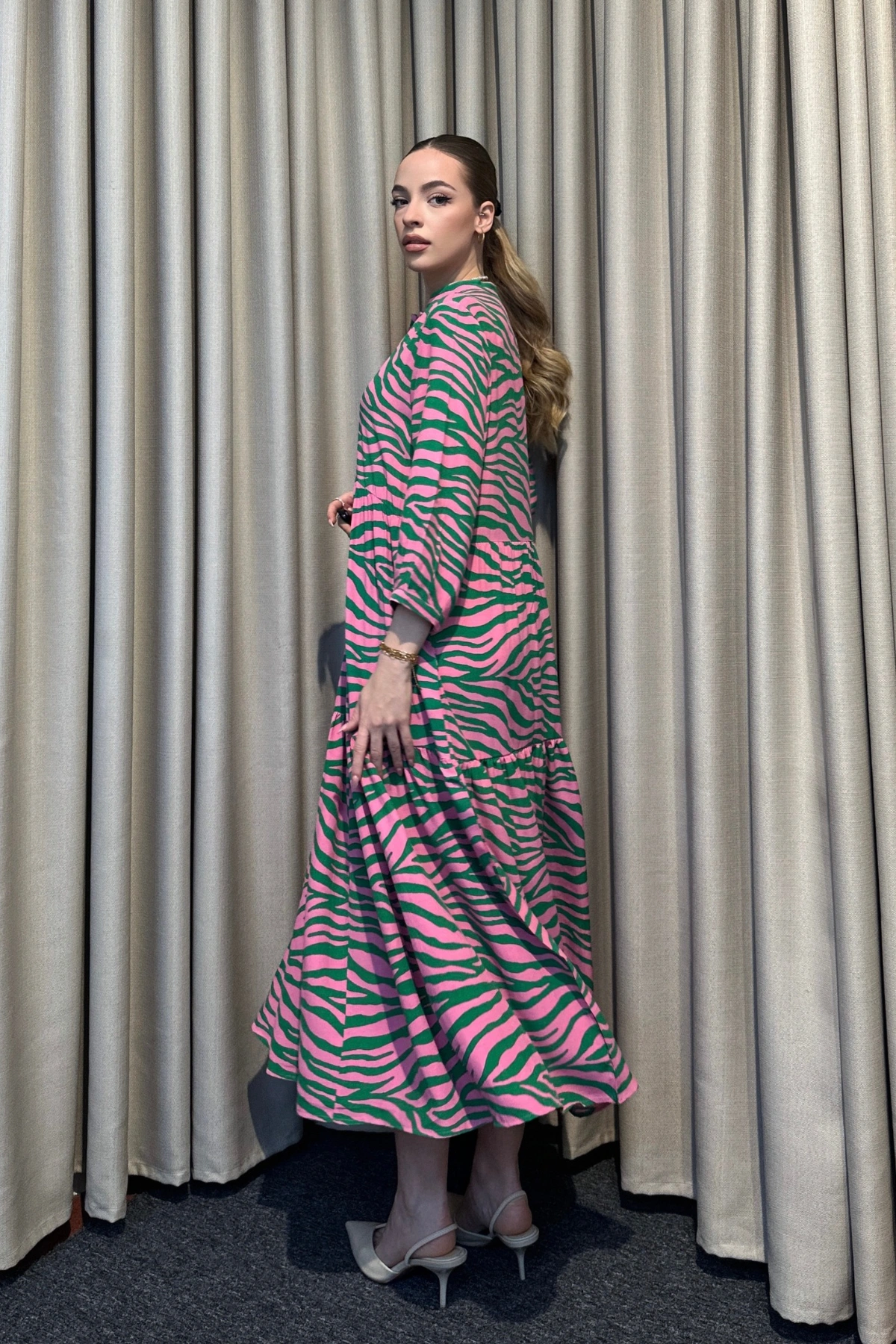 Hakim Yaka Desenli Maxi Elbise