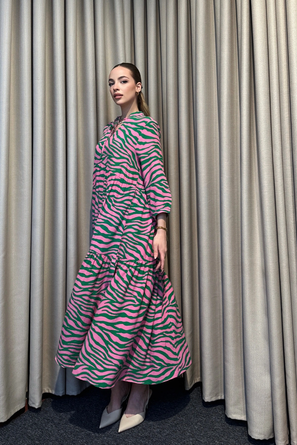 Hakim Yaka Desenli Maxi Elbise