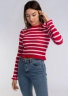 Fırfır Detaylı Çizgili Triko Bluz-KIRMIZI