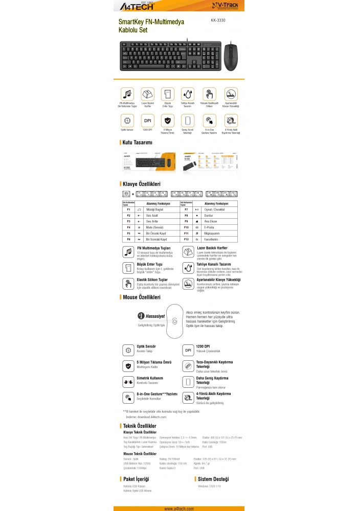 A4 TECH KK-3330 Q USB FN-MM KLV+ OPTİK MOUSE SET