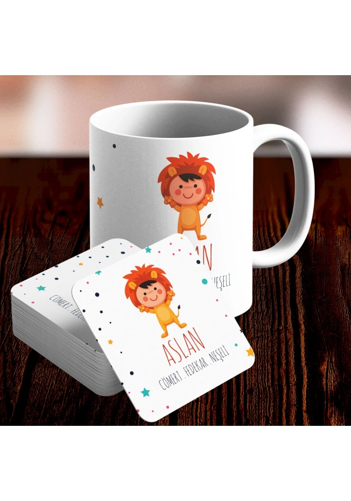 Aslan Burcu Özel Sevimli Kupa ve Altlık Seti