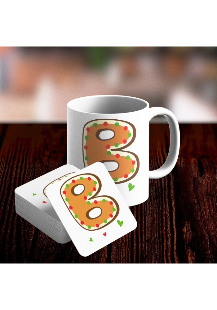 B Harfi Tasarımlı Kupa ve Bardak Altlığı Seti