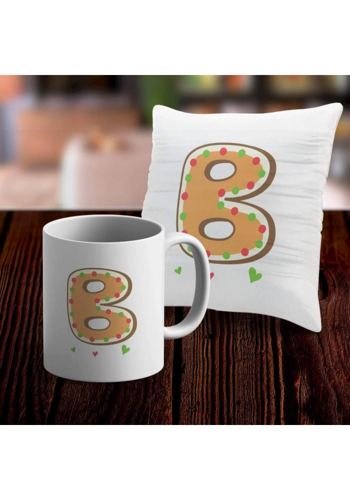 B Harfi Tasarımlı Kupa ve Yastık Kılıfı Hediye Seti