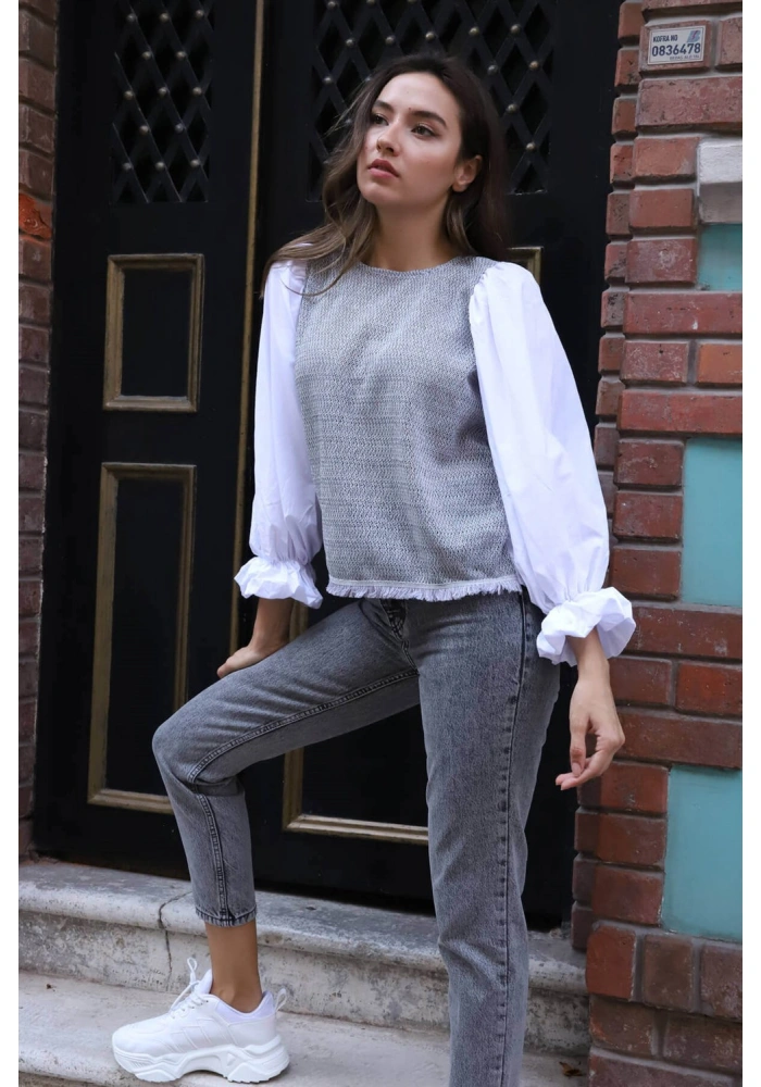 Balon Kol Bluz - BEYAZ