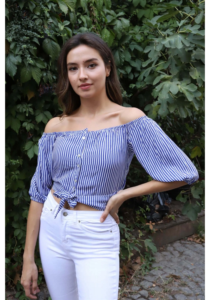 Belden Bağlamalı Bluz - MAVİ