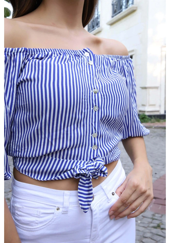 Belden Bağlamalı Bluz - MAVİ