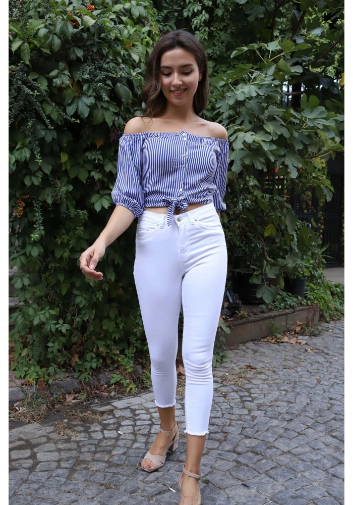 Belden Bağlamalı Bluz - MAVİ