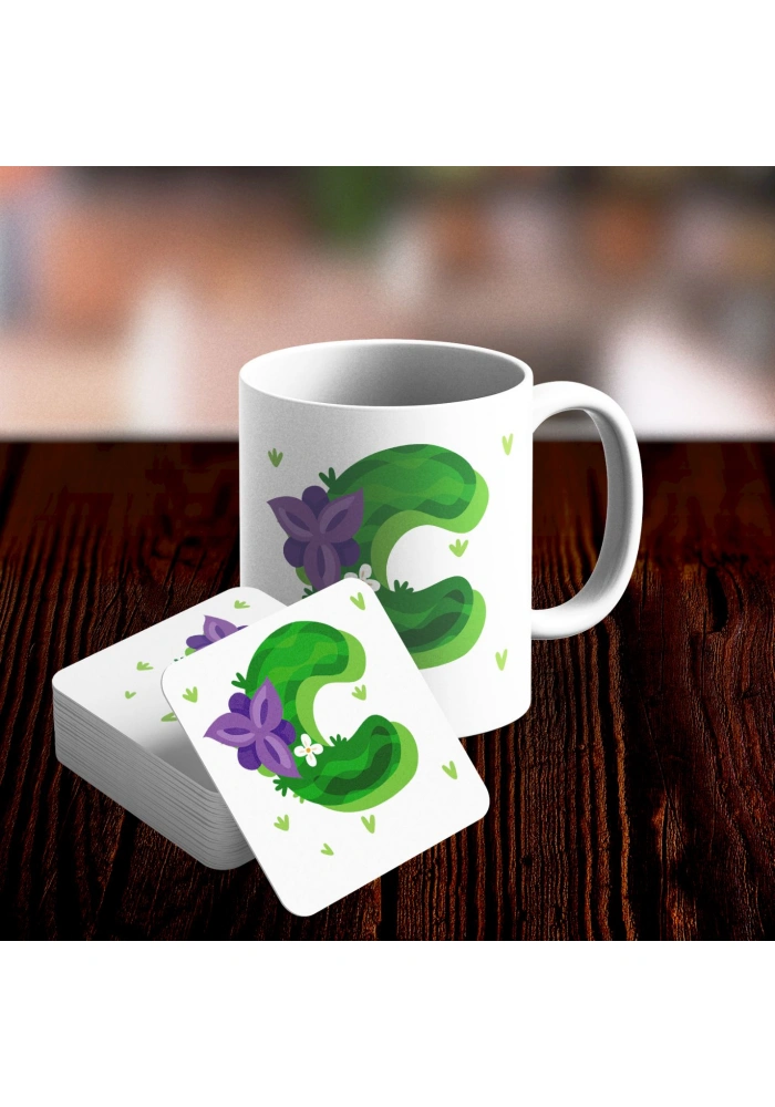 C Harfi Tasarımlı Kupa ve Bardak Altlığı Seti