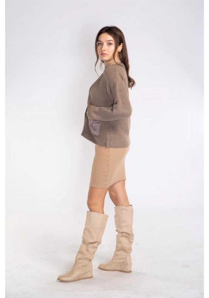 Cep ve Düğme Detaylı Hırka-VİZON