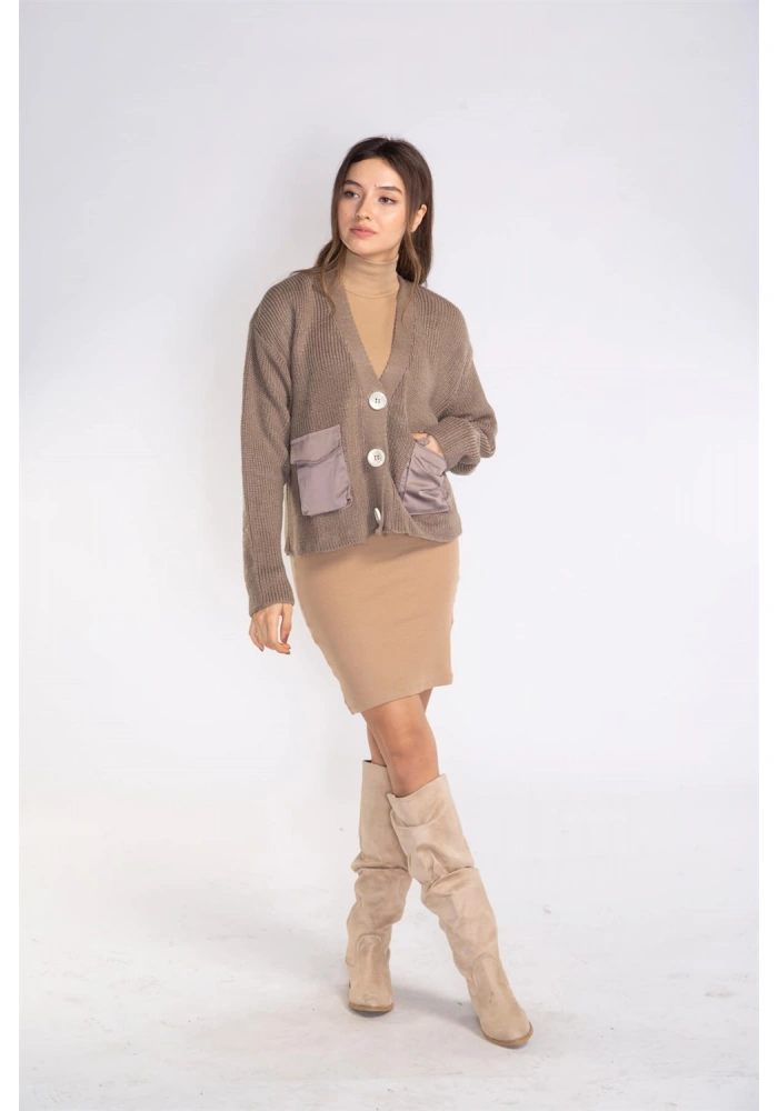 Cep ve Düğme Detaylı Hırka-VİZON