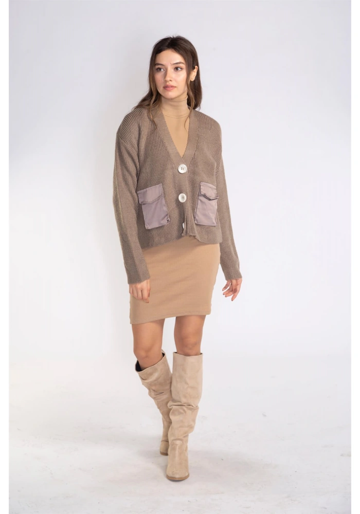 Cep ve Düğme Detaylı Hırka-VİZON