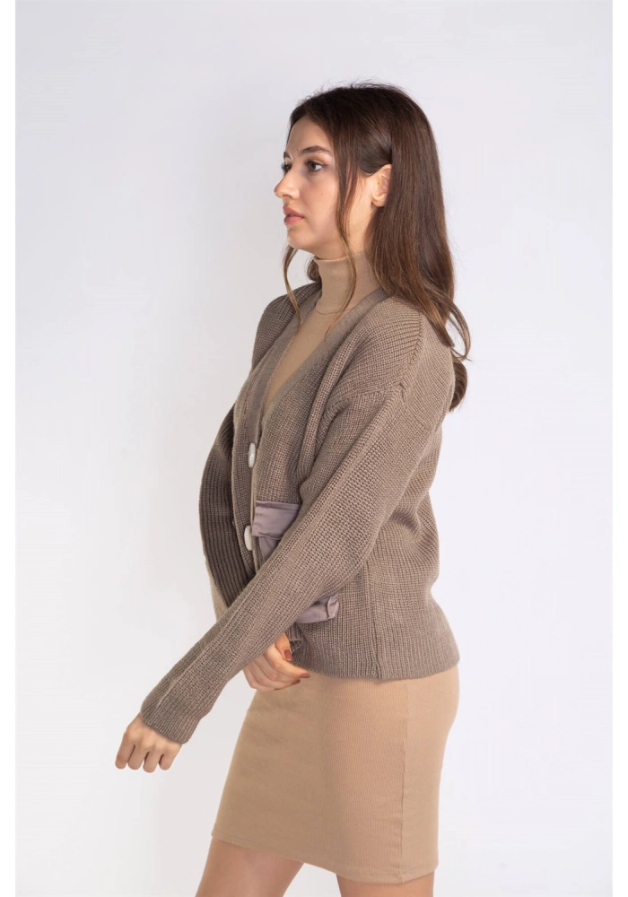 Cep ve Düğme Detaylı Hırka-VİZON