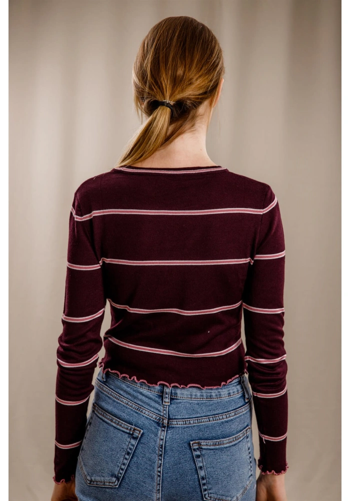 Çizgili Crop Triko - BORDO