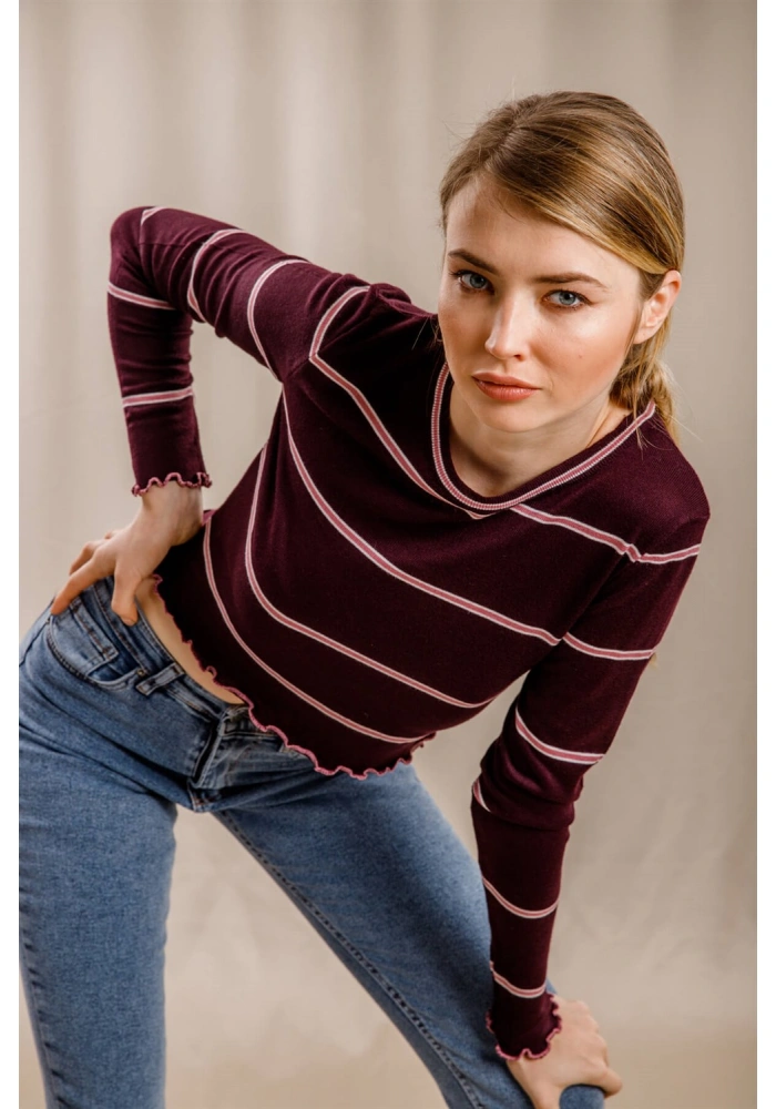 Çizgili Crop Triko - BORDO