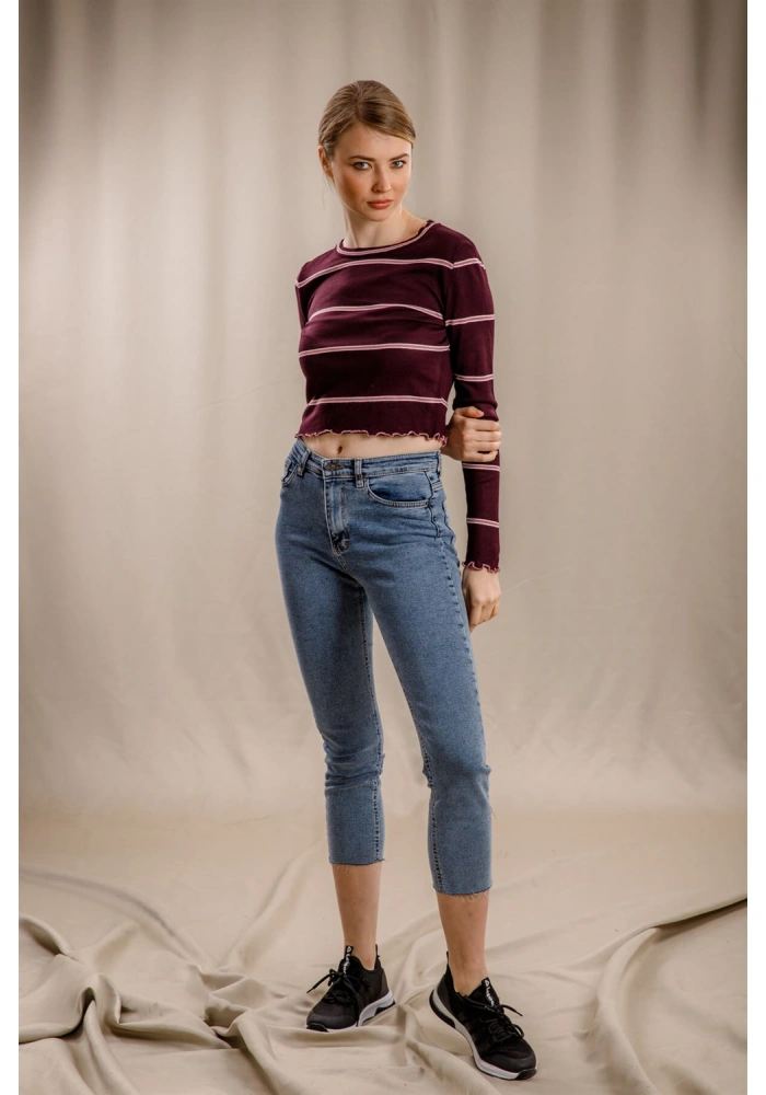 Çizgili Crop Triko - BORDO