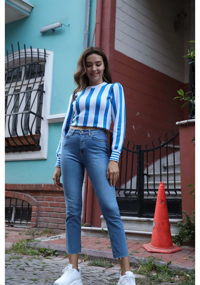 Çizgili Tasarım Triko Bluz - MAVİ
