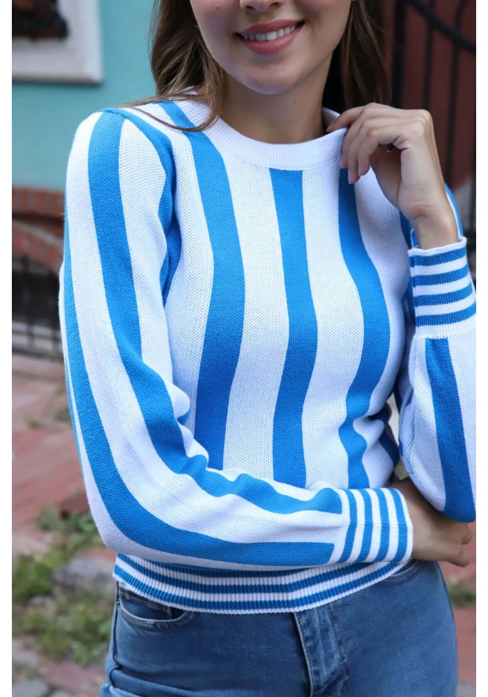 Çizgili Tasarım Triko Bluz - MAVİ