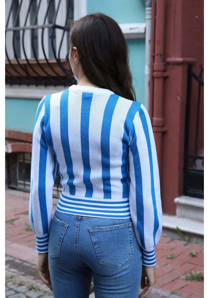 Çizgili Tasarım Triko Bluz - MAVİ