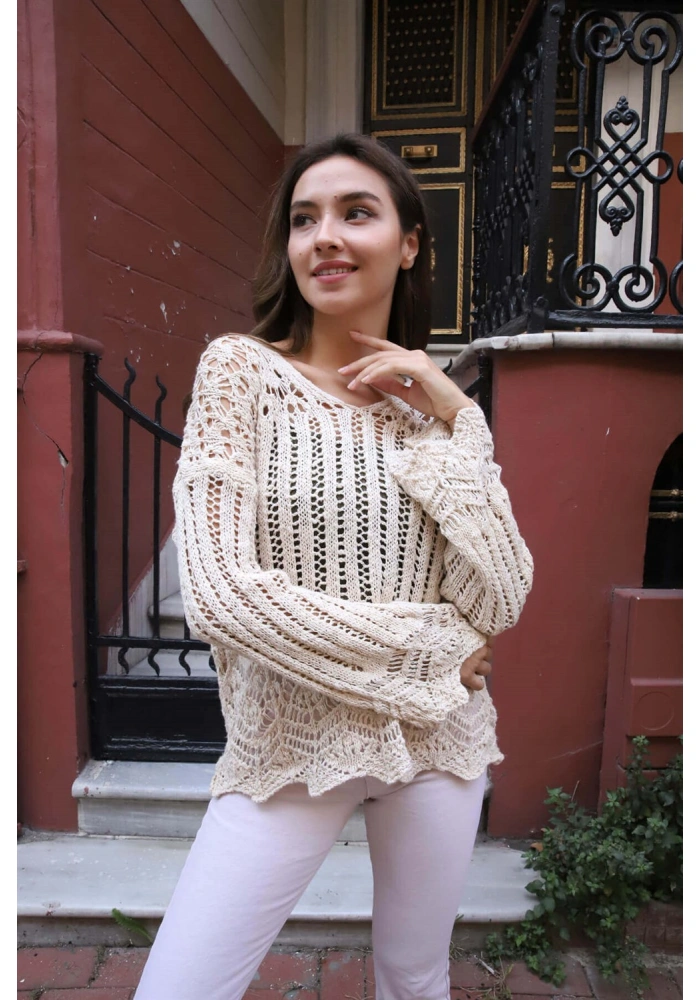 Delikli Merserize Kazak - KREM