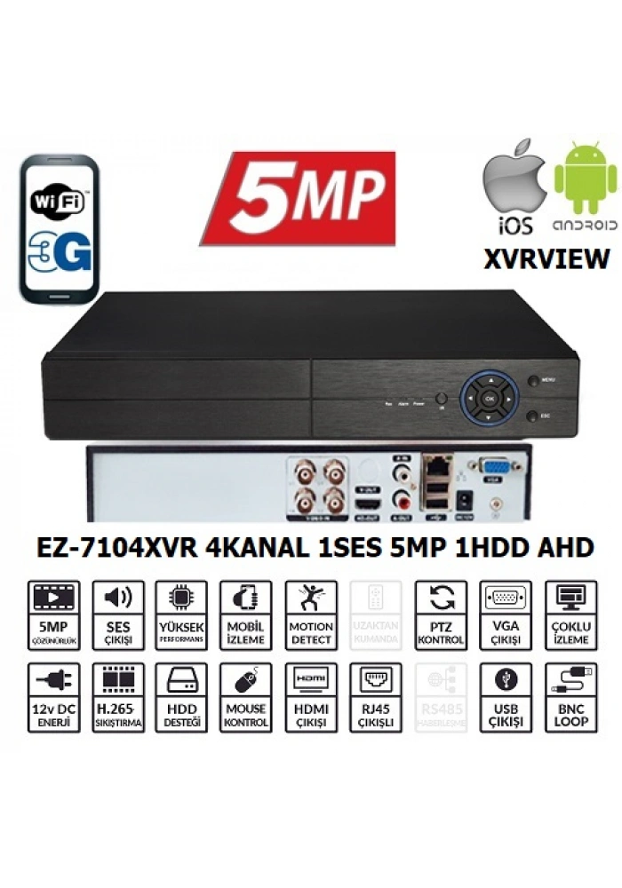 EZCOOL EZ-7104XVR 4CH 5MP KOAKSIYEL SES XVRVIEW