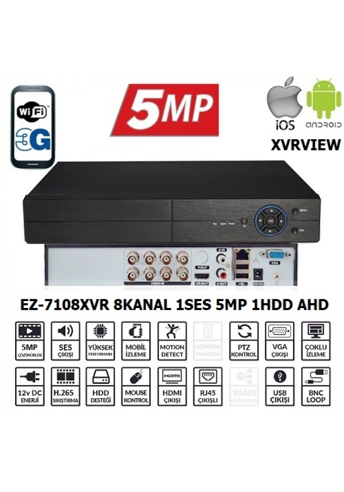 EZCOOL EZ-7108XVR 8CH 5MP KOAKSIYEL SES XVRVIEW