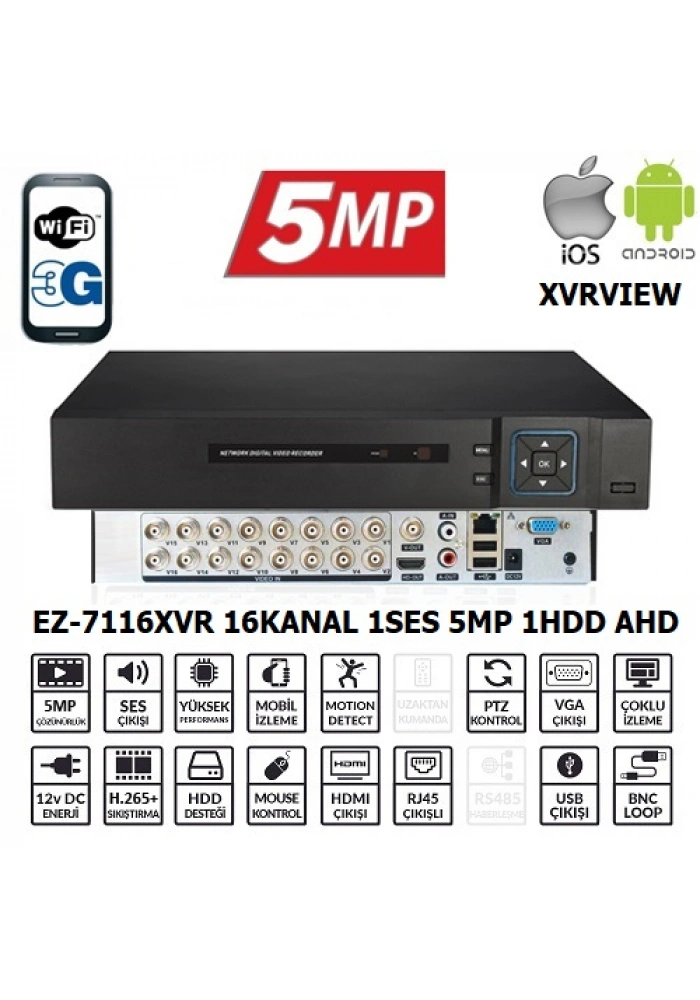 EZCOOL EZ-7116XVR 16CH 5MP KOAKSIYEL SES XVRVIEW