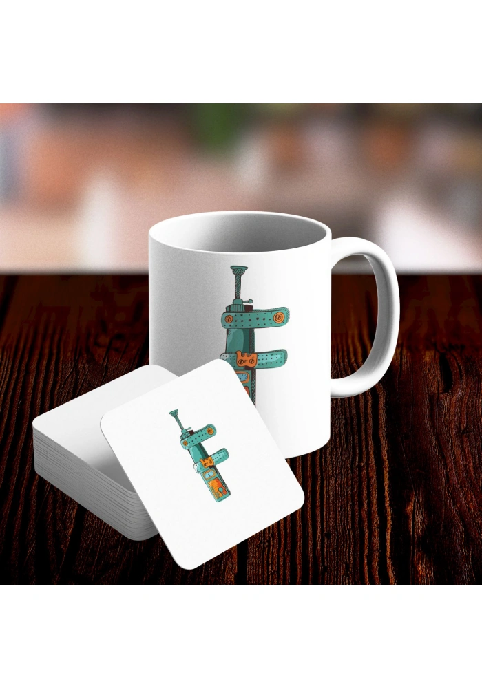 F Harfi Tasarımlı Kupa ve Bardak Altlığı Seti