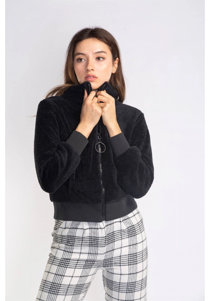 Fermuarlı Mevsimlik Peluş Ceket-SİYAH