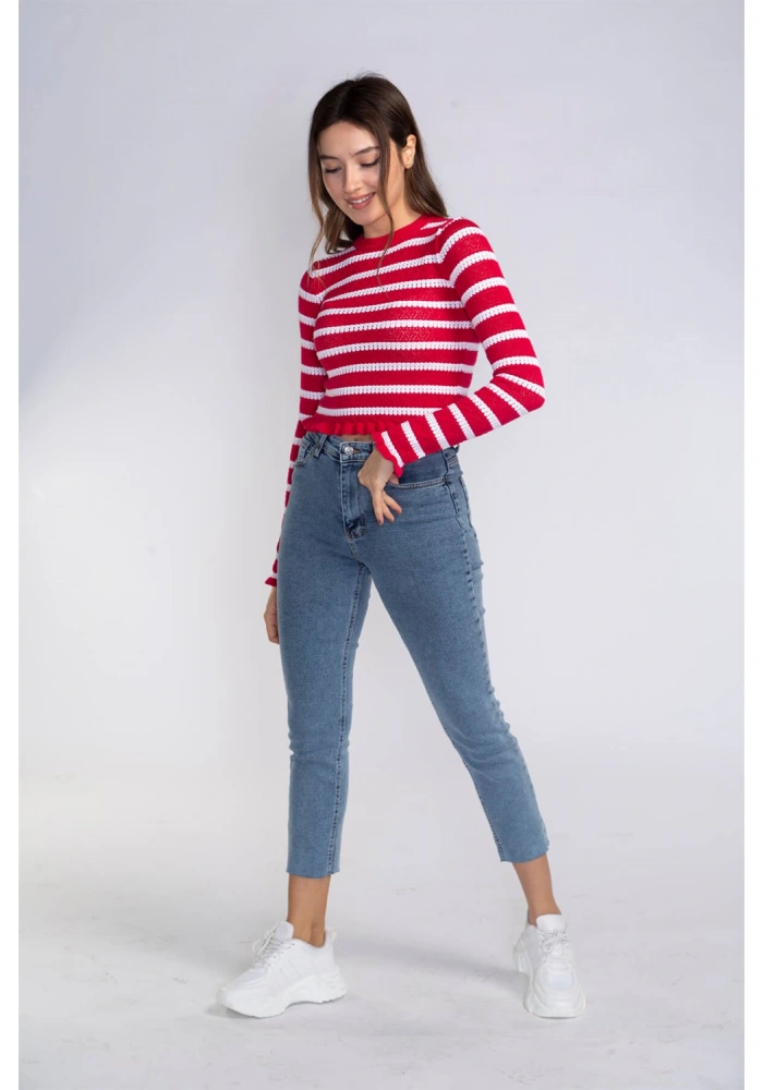 Fırfır Detaylı Çizgili Triko Bluz-KIRMIZI