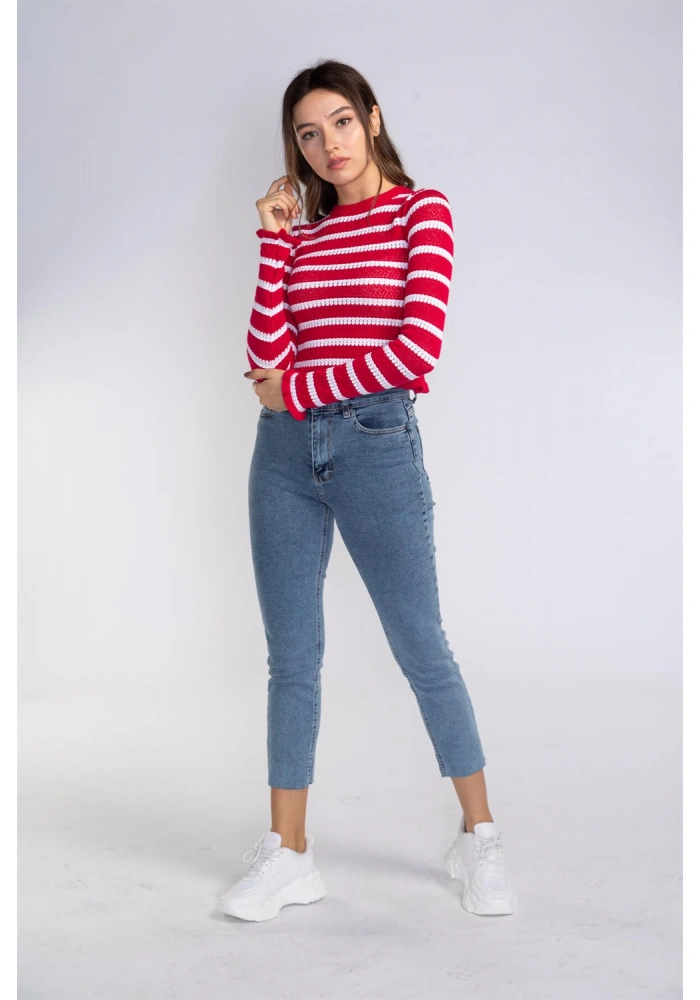 Fırfır Detaylı Çizgili Triko Bluz-KIRMIZI