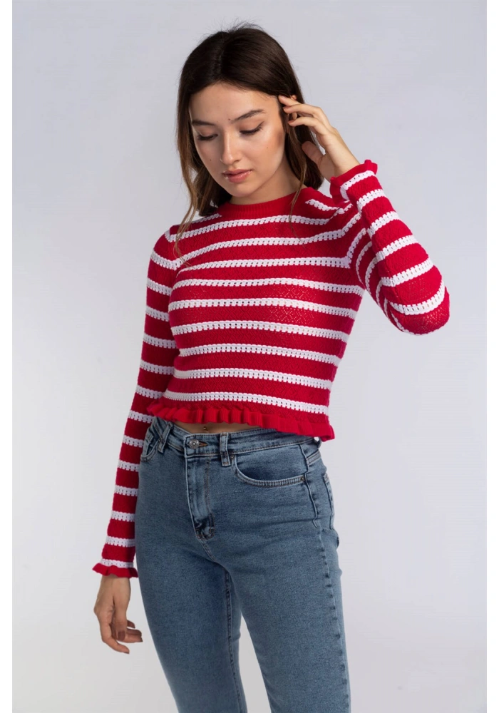 Fırfır Detaylı Çizgili Triko Bluz-KIRMIZI