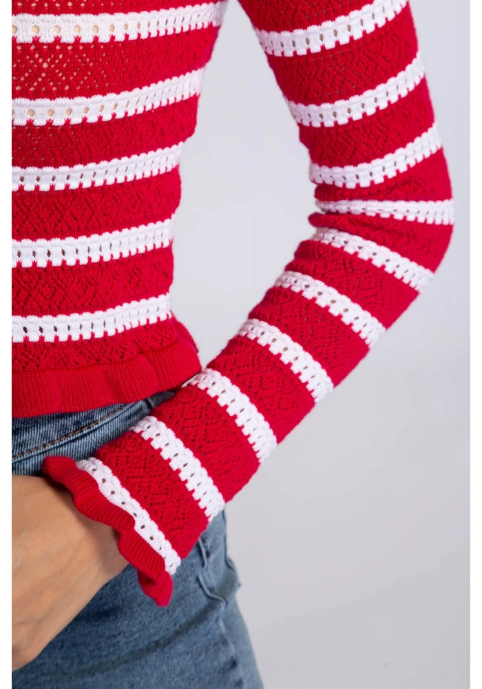 Fırfır Detaylı Çizgili Triko Bluz-KIRMIZI