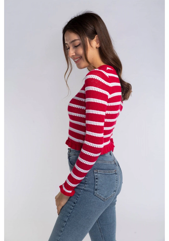 Fırfır Detaylı Çizgili Triko Bluz-KIRMIZI