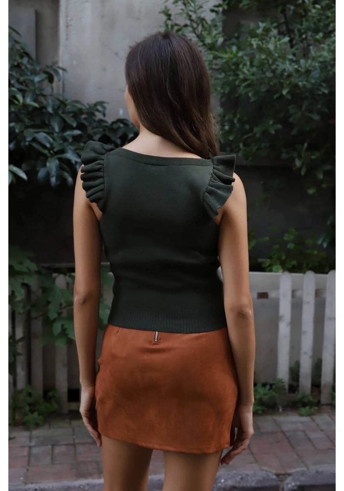 Fırfır Detaylı Triko Bluz - HAKİ