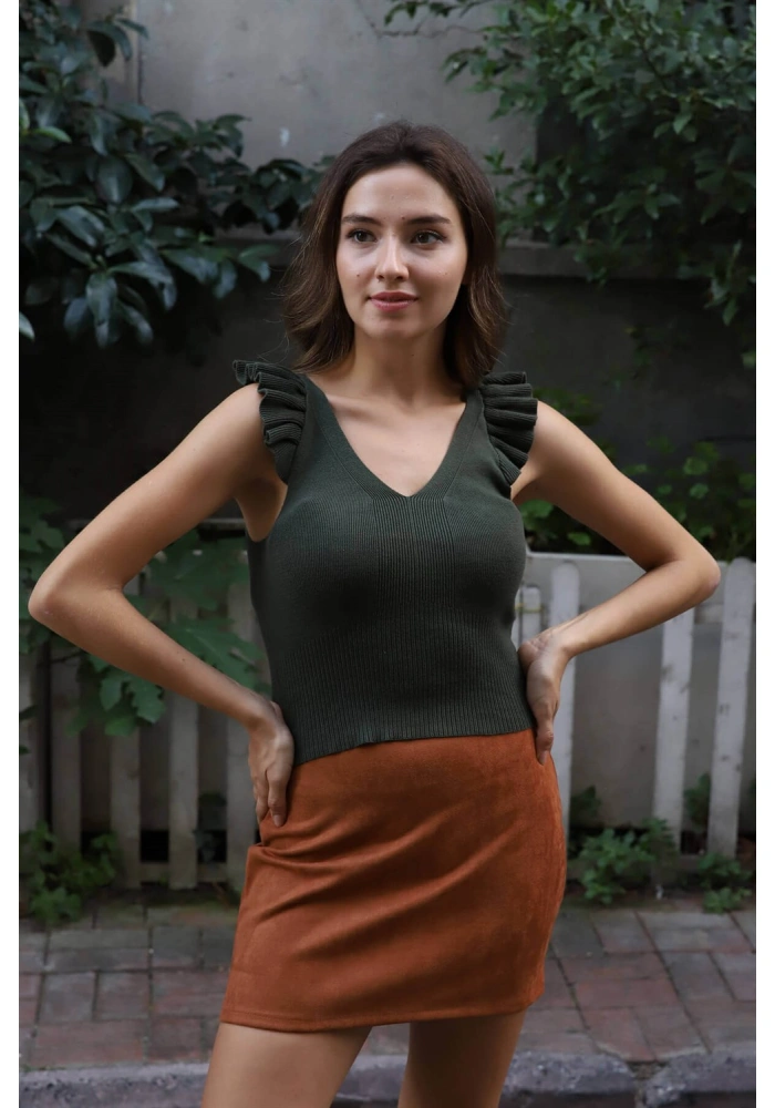 Fırfır Detaylı Triko Bluz - HAKİ