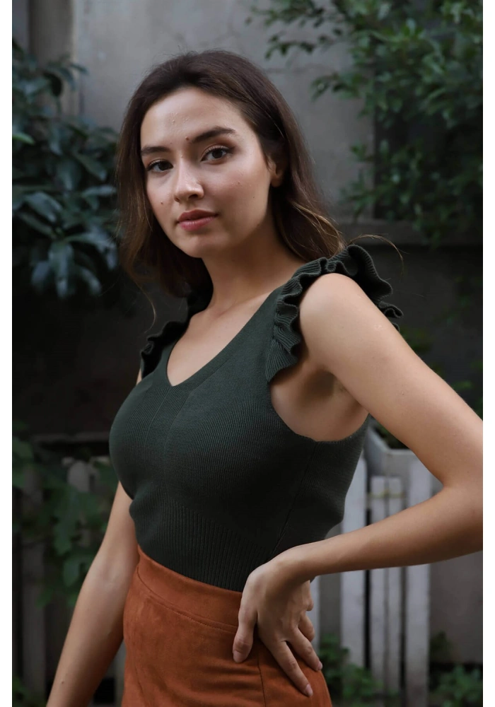 Fırfır Detaylı Triko Bluz - HAKİ