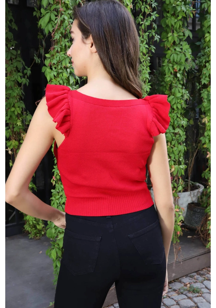 Fırfır Detaylı Triko Bluz - KIRMIZI