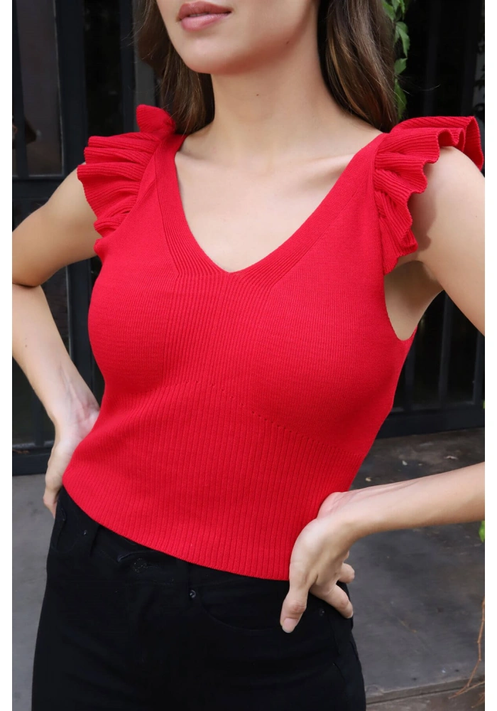 Fırfır Detaylı Triko Bluz - KIRMIZI