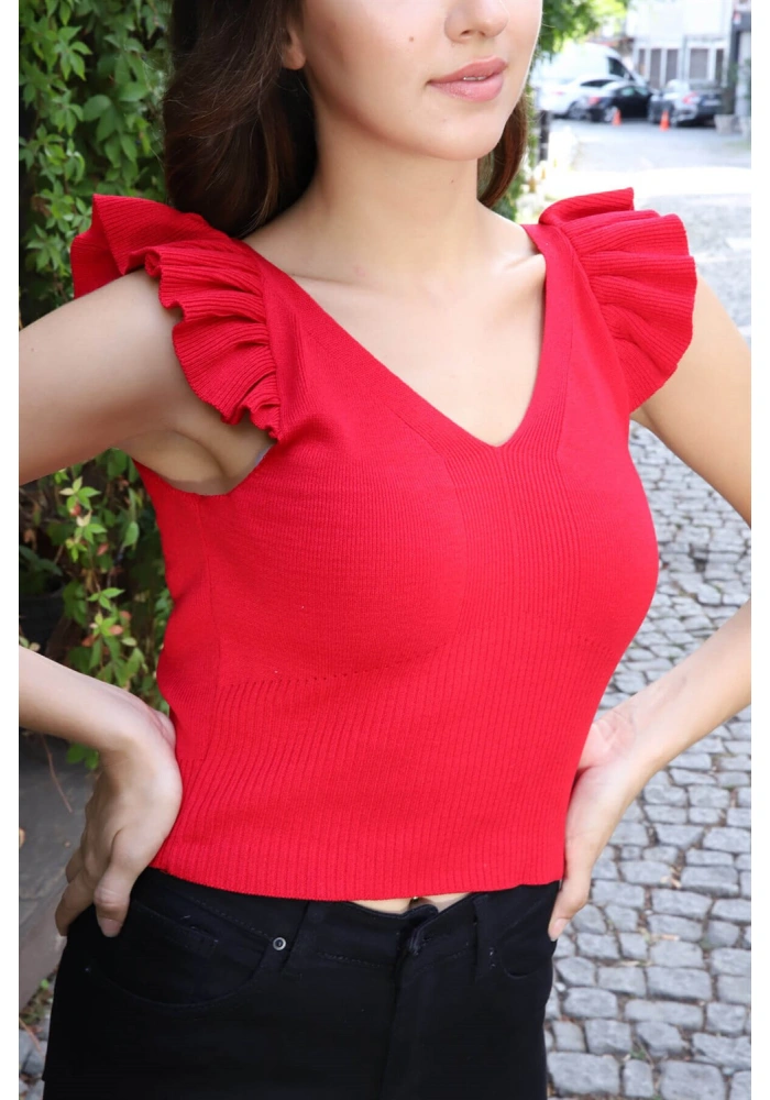 Fırfır Detaylı Triko Bluz - KIRMIZI