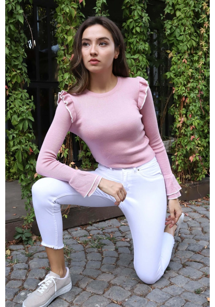 Fırfır Detaylı Triko Bluz - TOZ PEMBE