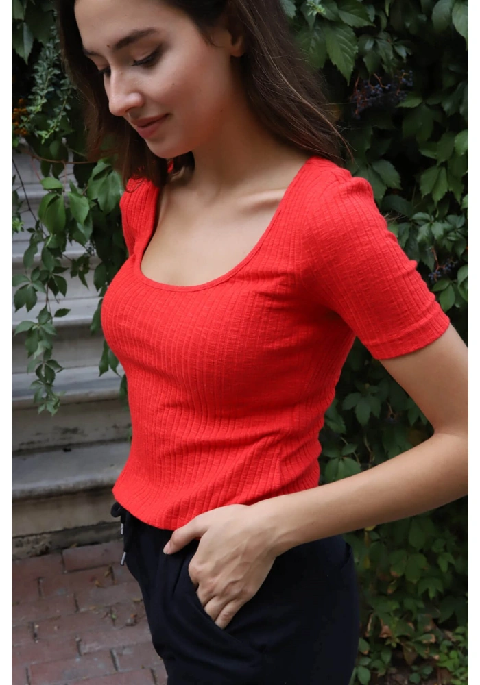 Geniş Yaka Triko Bluz - KIRMIZI