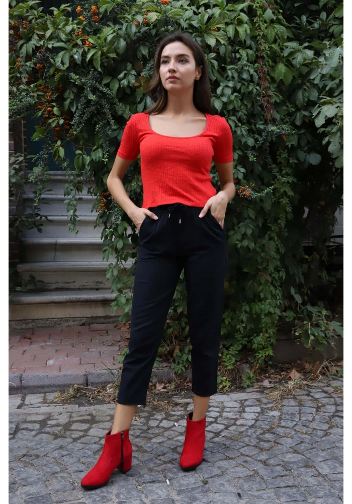 Geniş Yaka Triko Bluz - KIRMIZI