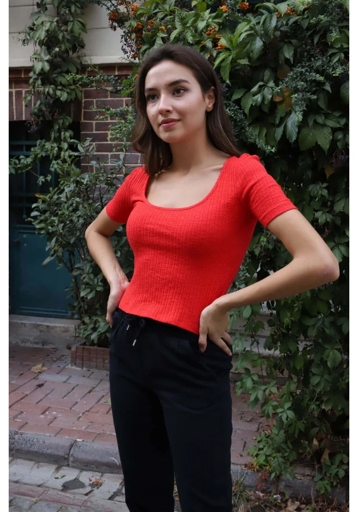 Geniş Yaka Triko Bluz - KIRMIZI