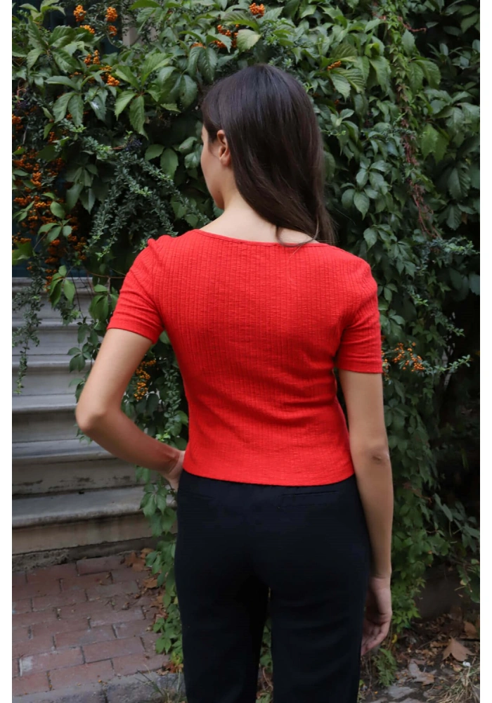 Geniş Yaka Triko Bluz - KIRMIZI