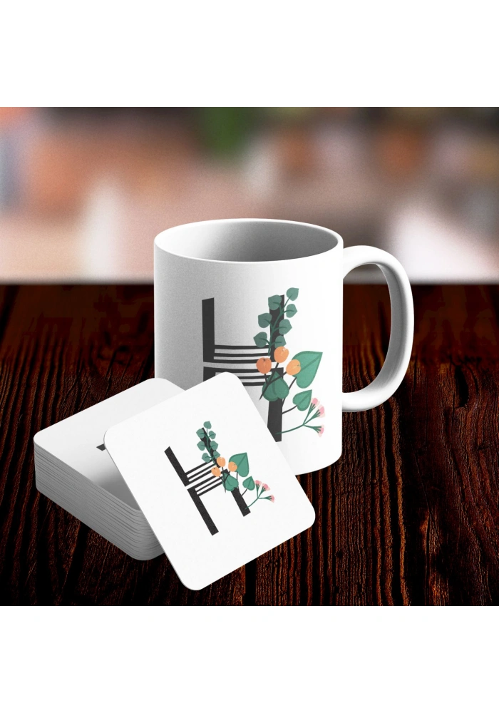 H Harfi Tasarımlı Kupa ve Bardak Altlığı Seti