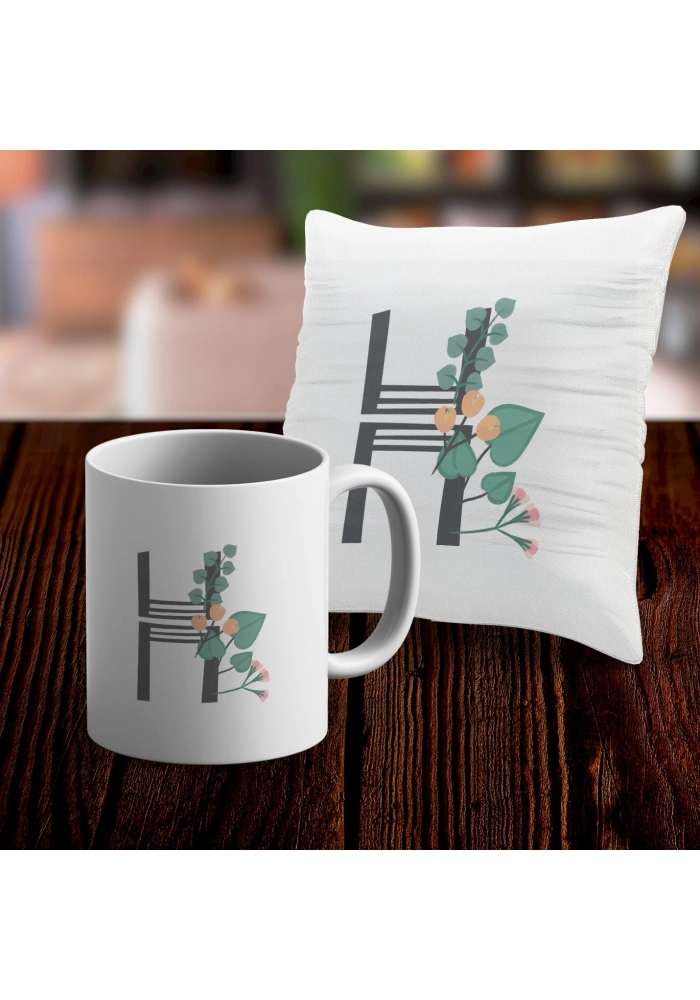 H Harfi Tasarımlı Kupa ve Yastık Kılıfı Hediye Seti