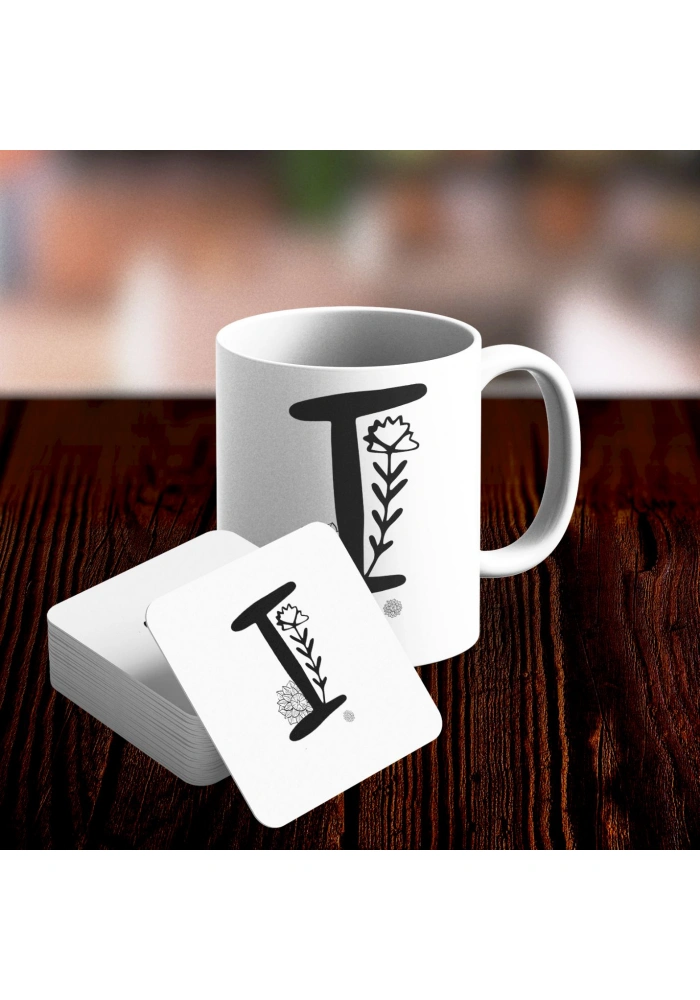 I Harfi Tasarımlı Kupa ve Bardak Altlığı Seti